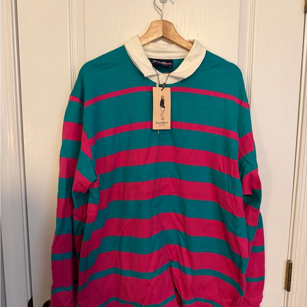 Rowing Blazers Dolby Rugby Striped Teal and Pink Rugby Shirt NWT XXL
